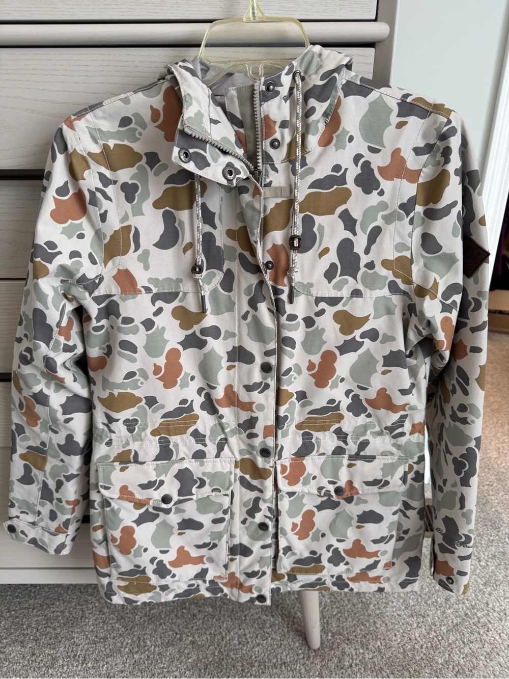 Eddie Bauer Women's Hooded Rain Jacket in Neutral Camo (Green, Brown, Gray)